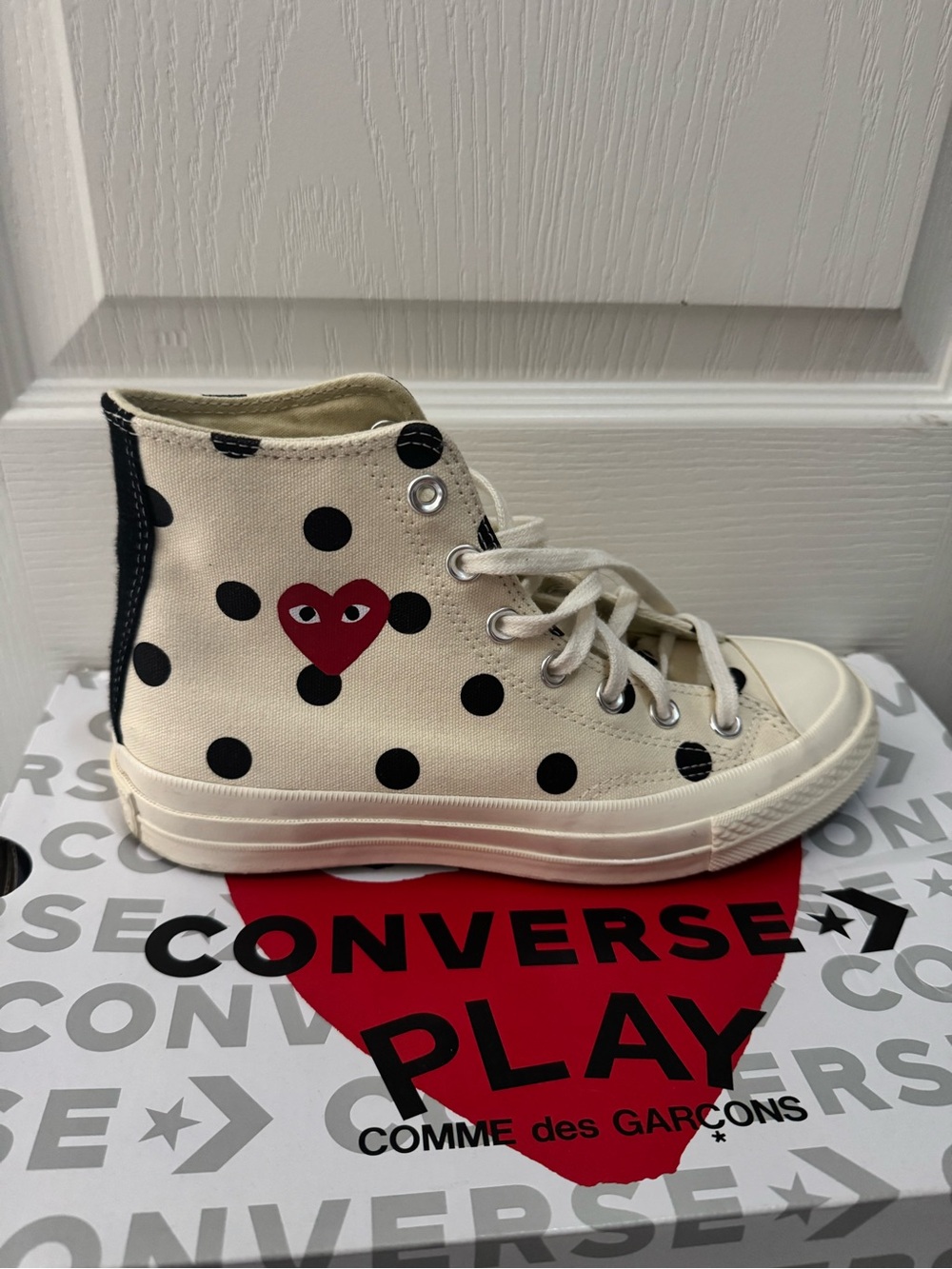 Comme des Garcons Polka Dot High-Top Converse Play Cream, Black & Red